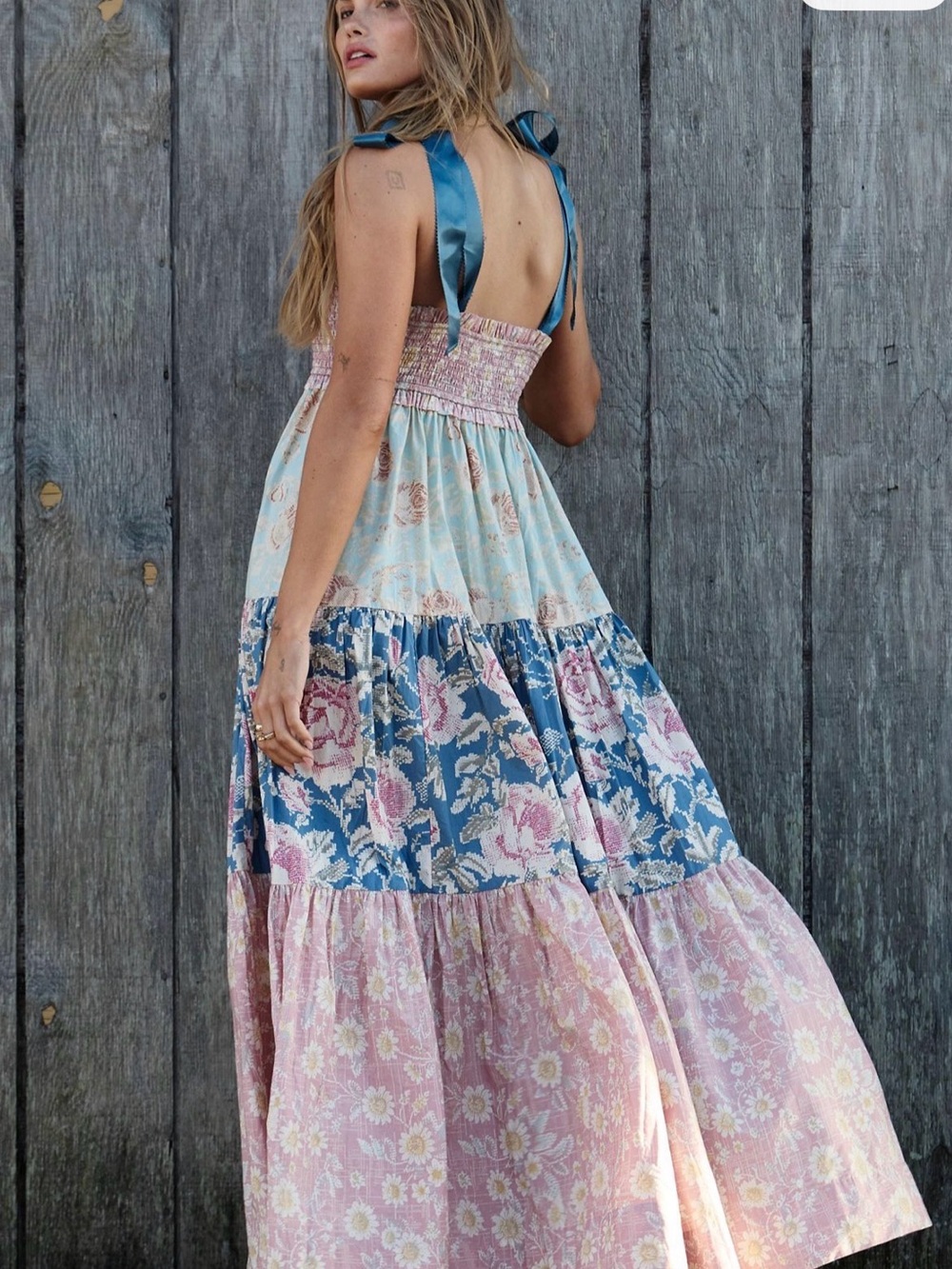 Free People Smocked Top with Blue Floral Skirt and Navy Ribbon Blue Bell Maxi - Picture 6 of 8
